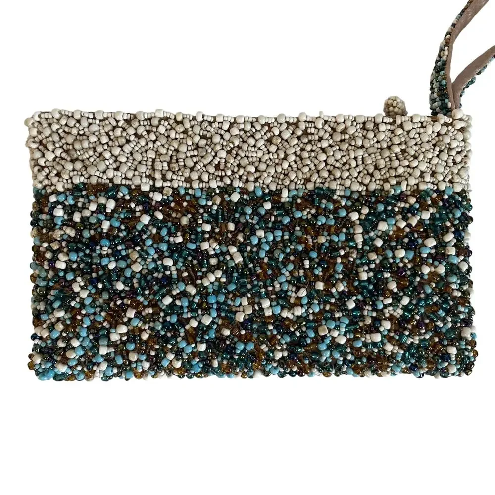 Glass Beaded Mini Wristlet Clutch Y2K Boho Evening Bag Multicolor Blue Cream